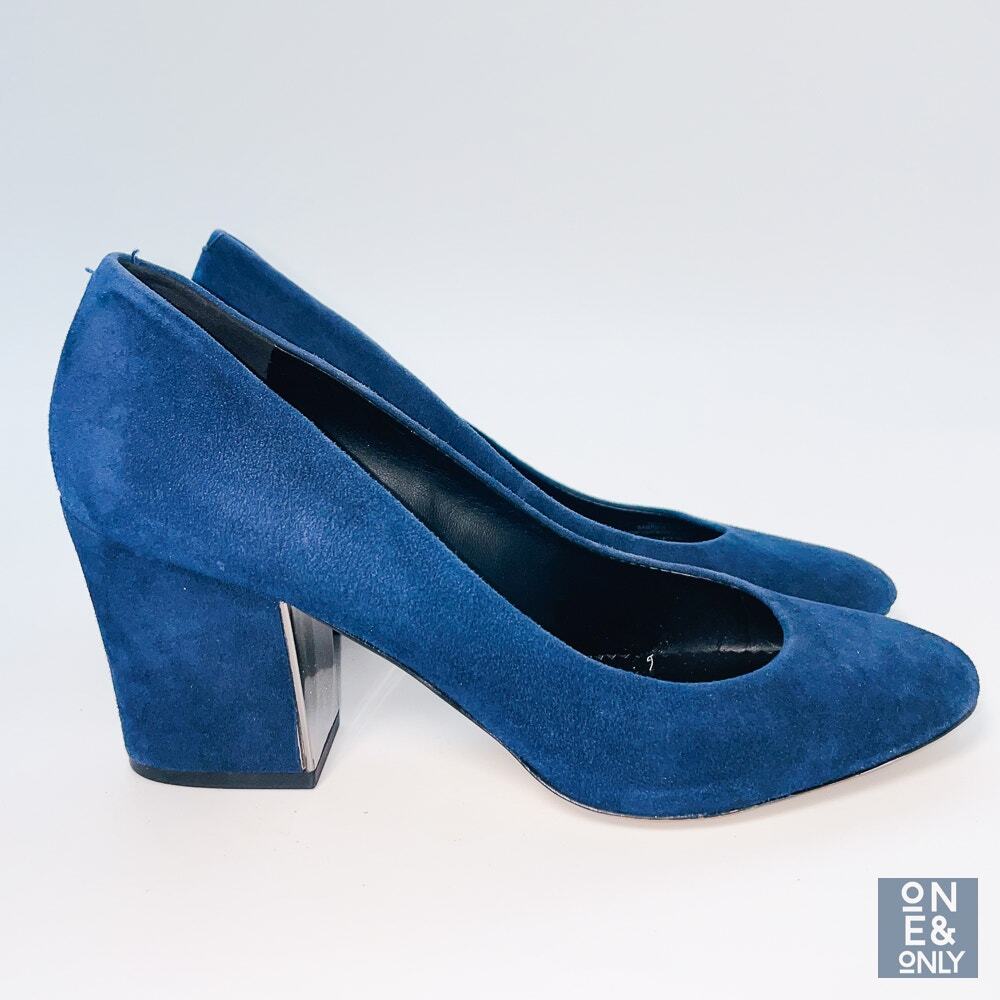 KARL LAGERFELD Suede Pumps Womens 9 Blue Block Heels Classic Office Corpcore